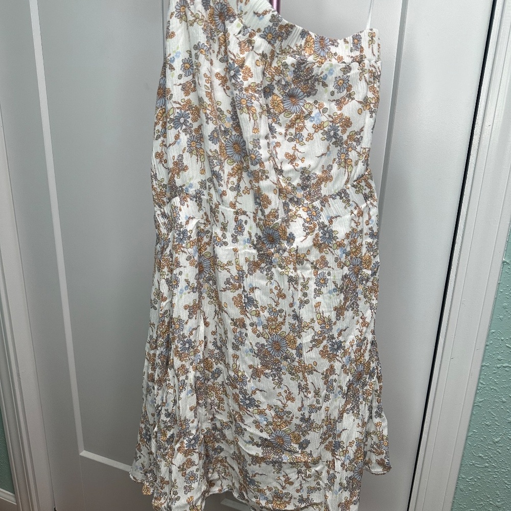 Abercrombie & Fitch Floral Mini dress Cream Blue, one shoulder small spring chic - Picture 2 of 4